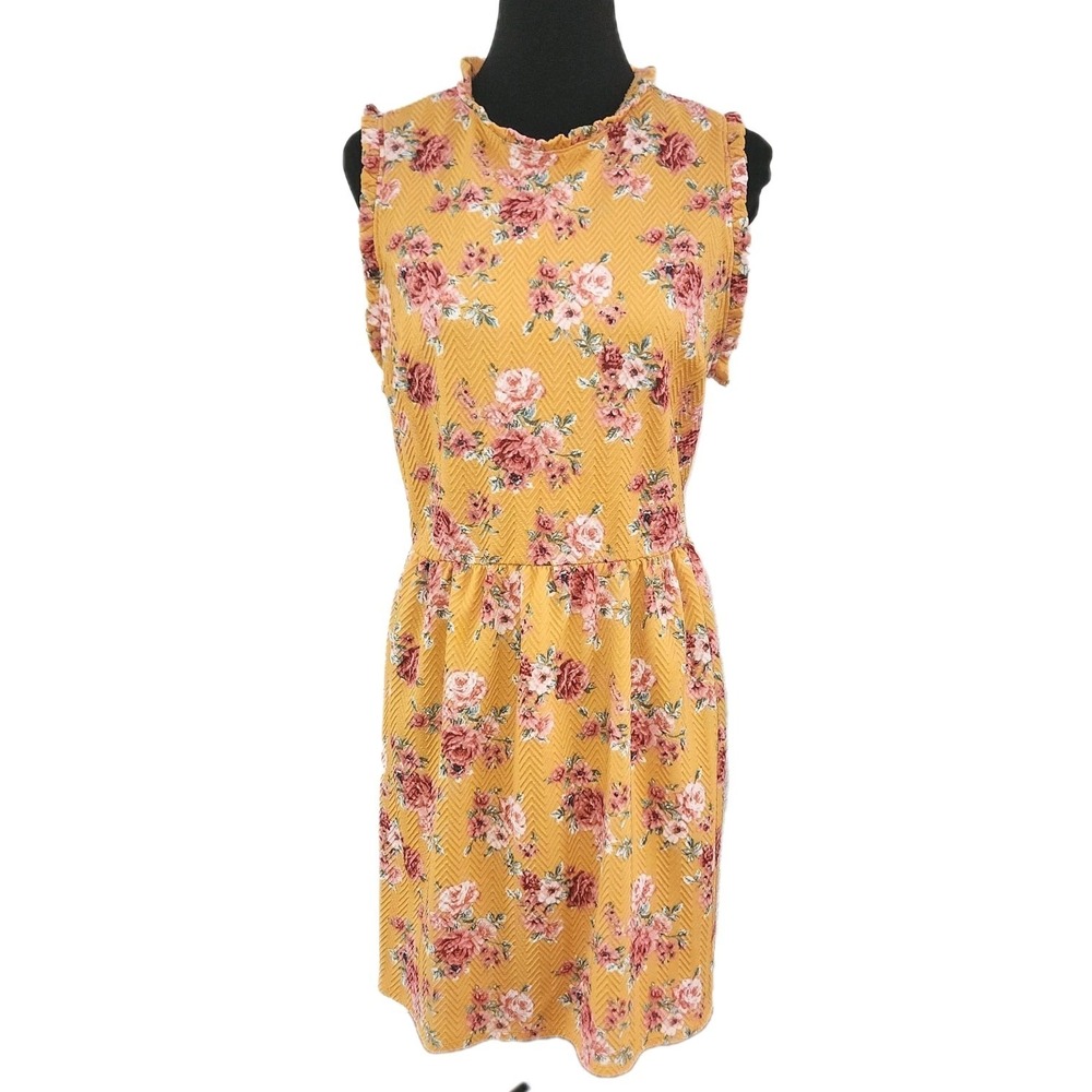 Xhilaration Women's Size Medium Dress Mustard Yellow Pink Floral Sleeveless L